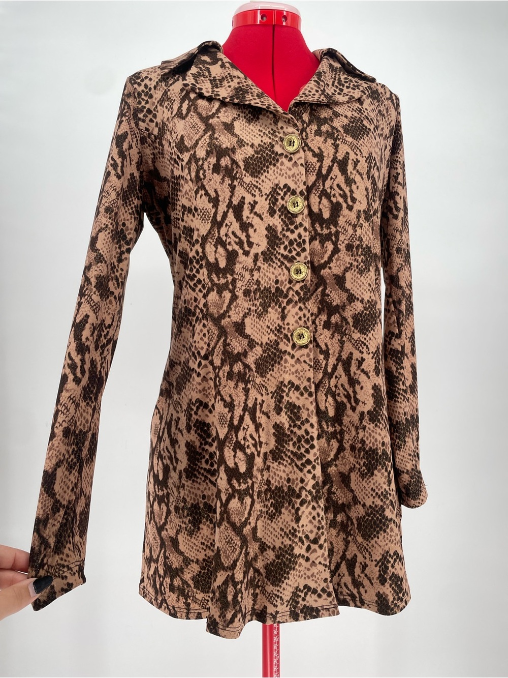 90s Y2K Brown Snake Print Layered Collar Tunic Top Chunky Gold Buttons